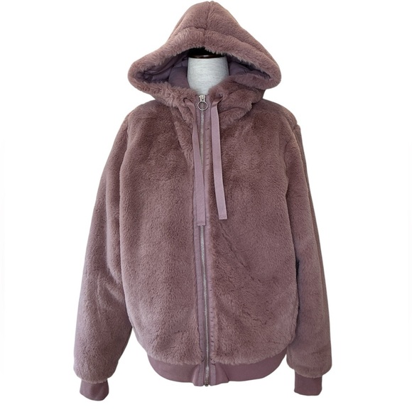 Athleta Faux Fur Zip Hoodie Jacket in Mauve Size Small - Picture 2 of 9
